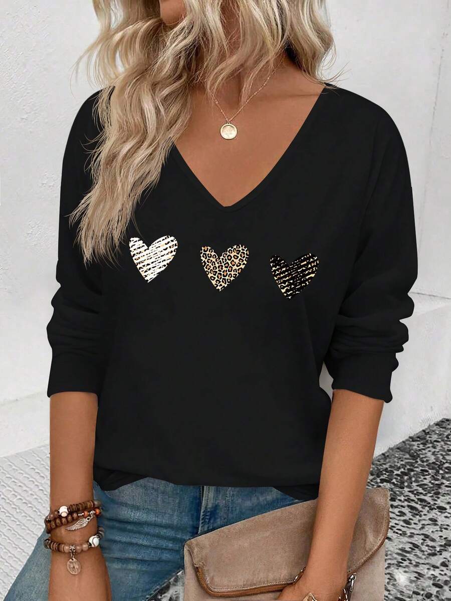 EMERY ROSE New Fashion Women's Heart & Leopard Print V-Neck Long Sleeve T-Shirt - Black - View 1