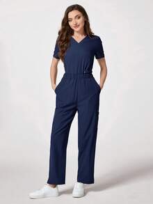 TaskEZ 1pc Solid Color Minimalist Elastic Waist Diagonal Pocket Scrub Pants Scrub Uniform Bottoms - Navy Blue - View 8