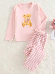 SHEIN 2件套女童卡通小狗蝴蝶结印花针织休闲长袖上衣和裤子睡衣套装 - 彩色 - 查看 8