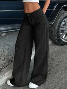 SHEIN Tall Wide Leg Low Waist Loose Casual Versatile Solid Color Jeans, Tall Women - Light Grey - View 3