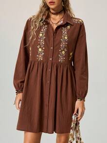 Freevana Women's Floral Embroidered Long Sleeve Single-Breasted Casual Shirt Dress Brown Dress Women Coffee Brown Dress - Brown - View 6