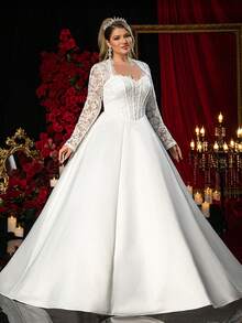 Glamrae Plus Size Elegant Romantic White Palace Sweetheart Neck Long Sleeve Sheer Waist Boned Decor French Lace Patchwork A-Line Wedding Dress (Heavily Embellished Design), Valentine's Day - White - View 7