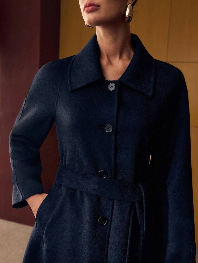 WOOL SINGLE BREASTED PLACKET BELTED OVERCOAT