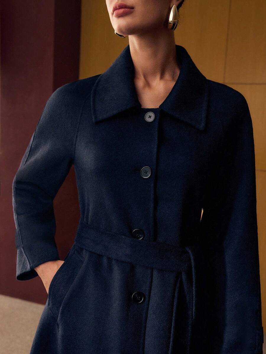 MOTF PREMIUM 羊毛单排扣系腰带大衣 - 藏蓝色 - 查看 2