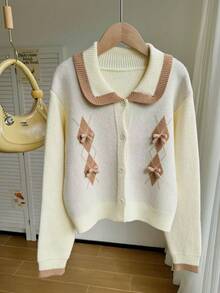 Genkimix Kids Tween Girl Rhombus Pattern Bow Knit Cardigan, Autumn/Winter - Apricot - View 6