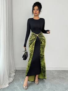 Elenzga Vestido de mujer con diseño de parche de estilo retro europeo y americano, cuello redondo, vestido de terciopelo estilizante de parche 2 en 1 con decoración de hebilla de metal en la cintura, dobladillo plisado irregular, elegante y exquisito vestido de fiesta de noche, vestido de manga larga, adecuado para mujeres de 20 a 35+ años para vacaciones, citas, galas