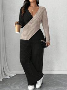 Elenzga 加大码柔软针织罗纹面料交叉长袖T恤+柔软罗纹阔腿裤休闲家居服两件套 - 杏色 - 查看 5