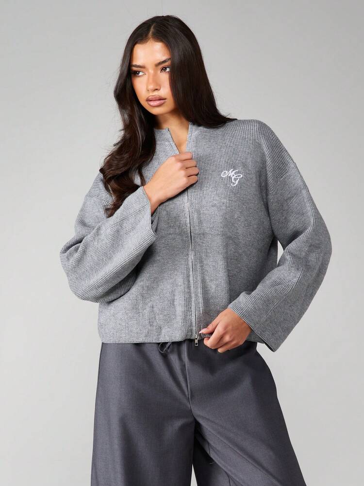 MISSGUIDED Ribbed Knit Zip Up Cardigan With Logo Embroidery Long Sleeve Casual Fall Winter Layering Essential