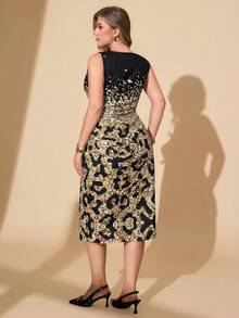Hourglow Plus Size Women Leopard Print Round Neck Sleeveless Fitted Elegant Dress, For Hourglass Body Shape/2026 /New Year/Valentine's Day - Black - View 5