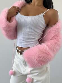 SHEIN SXY Chaqueta de chal de piel sintética blanca sexy y linda para otoño/invierno - Rosa Pálido - Ver 6