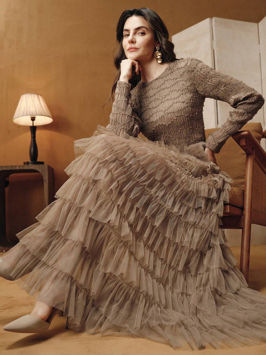 Anewsta 春夏新款优雅浪漫约会/派对薄纱半身裙，女士修身弹力面料拼接连衣裙 - 卡其色 - 查看 1