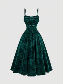 SHEIN MOD 女士花卉提花优雅褶皱中长吊带连衣裙，天鹅绒连衣裙，锦缎提花连衣裙，酒红色连衣裙，栗色连衣裙，酒红色连衣裙，女士圣诞服装，圣诞派对连衣裙，新年服装，派对连衣裙，优雅晚礼服，秋季服装，冬季服装，优雅派对连衣裙，红色女士连衣裙，节日连衣裙，节日服装，圣诞老人连衣裙 - 墨綠色 - 查看 3