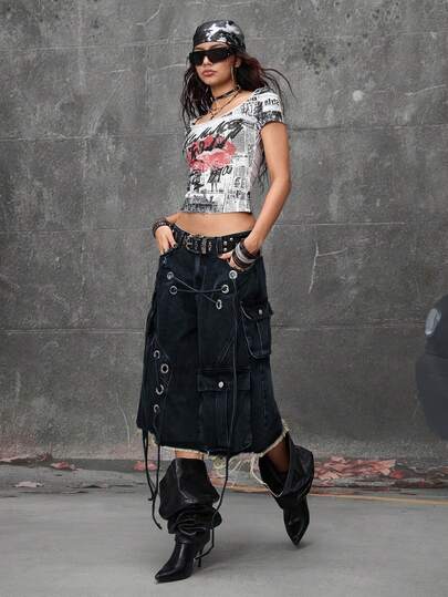 Grunge Punk Short en jean bermuda décontracté et déchiré à taille basse pour femme, style streetwear punk