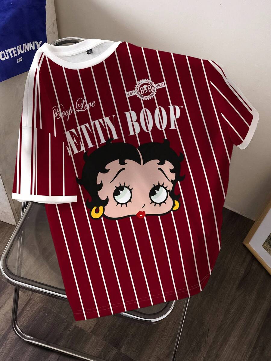 Betty Boop x SHEIN Women's Striped And Cartoon Figure Graphic Round Neck Short Sleeve T-Shirt - White - View 1