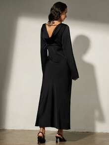 Aveloria Modichic Vestido de manga larga con cuello en V y cintura ceñida, de diseño elegante y versátil - Negro - Ver 3