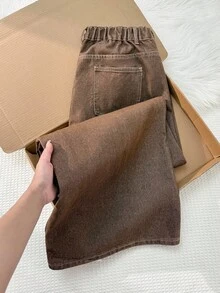 Comfortcana Quần Jeans Ống Rộng Dáng Rộng Size Lớn Quần Jeans Ống Rộng Thời Trang Mùa Thu Đông Halloween Quần Jeans Boyfriend Trơn Retro Đã Giặt Cổ Điển - Màu Khaki - Xem 2