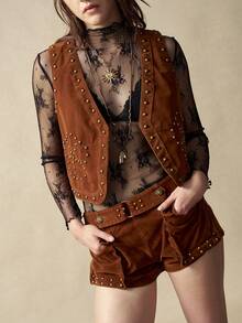 SHEIN BohoFeels Áo vest nữ dáng ngắn màu nâu trơn dệt kim phong cách BOHO thường ngày, thích hợp cho các bữa tiệc. - màu nâu - Xem 1
