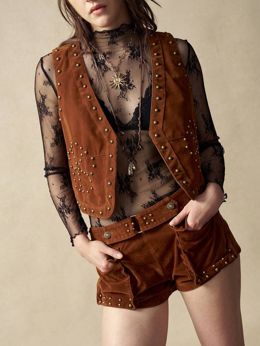 SHEIN BohoFeels Áo vest nữ dáng ngắn màu nâu trơn dệt kim phong cách BOHO thường ngày, thích hợp cho các bữa tiệc. - màu nâu - Xem 1
