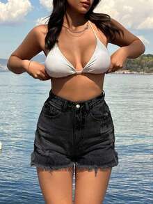 SHEIN Tall 100%Cotton Black Label Detailed Short With Destroy - Black - View 5