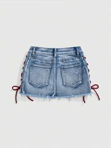 ROMWE Avant Váy denim bó sát mini gợi cảm Y2K phong cách ba lê thể thao retro dành cho nữ, dây rút, thêu logo - Màu xanh lam - Xem 2