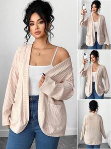 SHEIN PETITE CURVE Plus Size Solid Color Ribbed Pocket Casual Long Sleeve Jacket - Apricot - View 1