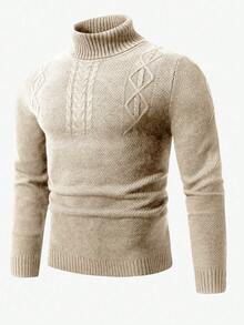 Manfinity Homme Men's Solid Color Turtleneck Long Sleeve Casual Cable Knit Sweater - Apricot - View 3