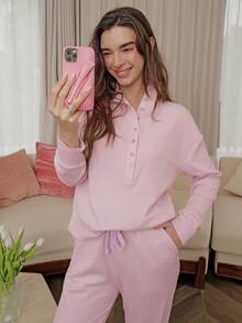 LUVLETTE 秋冬季女士柔软棉质华夫格基础款长袖纽扣衬衫长裤家居服两件套，带口袋，适合居家穿着。