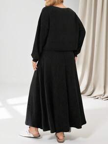 Auralis Plus Size Black Autumn Smart Casual Everyday Cloud Fleece Embroidered Ribbed Crew Neck Cropped T-Shirt & Long Ruffle Hem Skirt Two-Piece Set Modest - Black - View 4