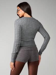 MISSGUIDED Cable Knit V-Neck Long Sleeve Cropped Sweater Top With Ribbed Texture Winter Fall Pullover - Grey - View 2