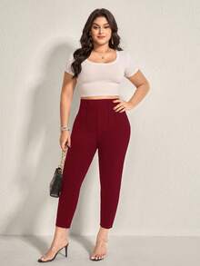 SHEIN LUNE Plus Commuting Solid High Waist Skinny Comfy Pants - Red - View 4