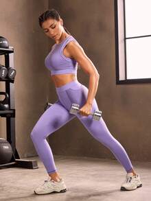 Powerista Legging Olahraga Wanita Minimalis dengan Motif Huruf, Pinggang Tinggi, Jahitan Kontras, dan Kantong. - Purple - View 5