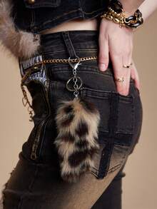 ROMWE Grunge Punk 1个Y2K复古可爱高品质棕色毛绒仿豹纹动物尾巴钥匙扣，时尚配饰，适合女性和女孩，绝佳礼物之选 - 棕色-41 - 查看 6