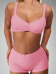 MISSGUIDED 褶皱文胸和短靴套装，饰有扇形花边，配套内衣睡衣家居服贴身衣物 - 粉色 - 查看 3