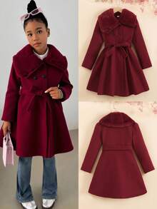 SHEIN Tween Girl Casual Daily Wine Red Lapel Front Double-Breasted Belt A-Line Jacket With Faux Fur Collar Autumn/Winter