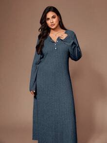 Lazeform 女士大码休闲简约罗纹磨毛长袖长款睡袍，冬季 - 藍色 - 查看 5