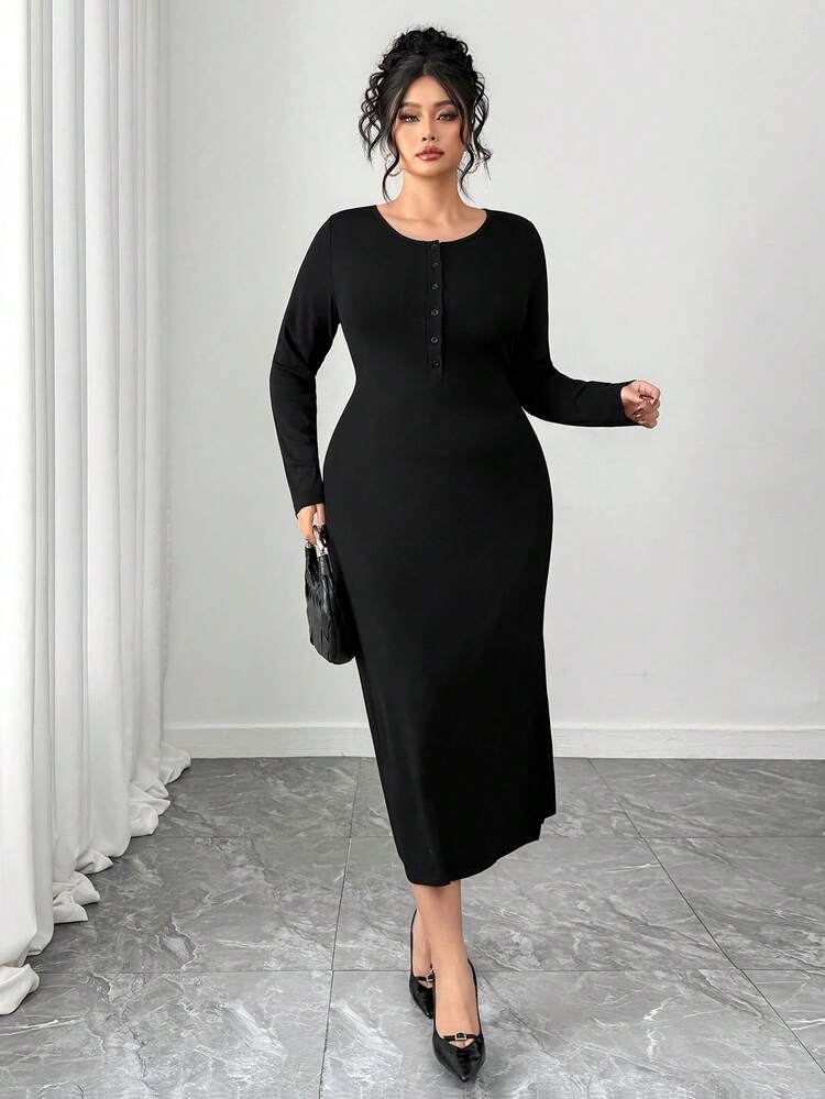 Dazy Plus Stretchy Bodycon Wrap V-Neck Long Sleeve Dress, Elegant Plus Size Women, Spring/Autumn Maxi Dress