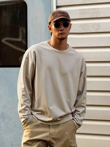 DAZY 男士米色圆领长袖休闲宽松T恤，秋季款 - 米色 - 查看 4