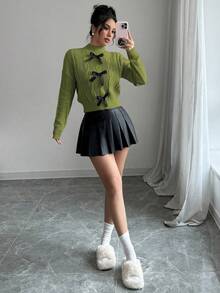 Elenzga 女士法式蝴蝶结装饰麻花针织甜美长袖立领毛衣，冬季 - 綠色 - 查看 3