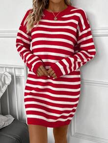 SHEIN LUNE Casual Colorblock Striped Knit Dress, Autumn/Winter - Red - View 5