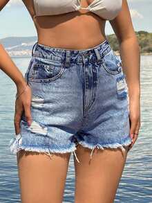 SHEIN 100%Cotton Blue Label Detailed Short With Destroy - Light Wash - View 6