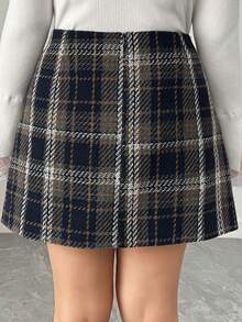 Dazy Plus 时尚格纹修身迷你直筒裙，优雅百搭，通勤必备 - 藏蓝色 - 查看 2