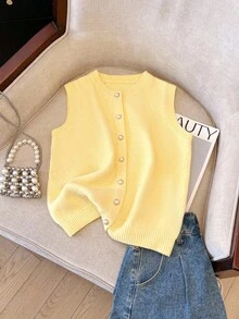 Franclia Women's Elegant Minimalist French Fashion Lady Versatile Elegant Sweater Vest Cardigan - Yellow - View 1