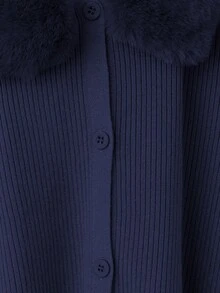 Linhara Plus Size Solid Color Fur Collar Warm Front Button Casual Knit Cardigan And Pants Sweater Set - Navy Blue - View 6