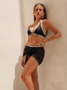 Swim Chiccia Bikini a 3 pezzi da donna per appuntamento in spiaggia, sexy e maturo, con decorazione asimmetrica in metallo bianco e nero, top a canotta, gonna, outfit da spiaggia - Bianco e nero - Visualizzare 8