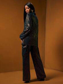 NYA SZN 配套套装（西装外套和长裤）纽扣前开襟亮片西装外套，宽松长裤，中性色调，适合特殊场合、办公室、商务休闲、假日、圣诞派对、节日、新年夜、新年除夕、简约休闲早午餐、日常、秋冬春季女装 - 黑色 - 查看 2