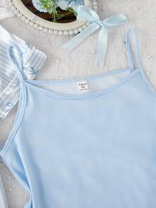 Pj Sets Tween Girls Silk  4-Piece Set - Blue White Bow Stripe Satin Silk Pajamas Set Bow Stripe Print Design Blue White Elegant Color Satin Silk Fabric Short Sleeve Shirt Camisole Shorts Pants 4-Piece Combo Social Media Style Elegant 2026 New Year Holiday Essential Teen Girls Satin Silk Home 4-Piece Set Light Blue Pj Set