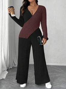 Calvaya Bộ đồ mặc nhà thường ngày 2 món áo thun dài tay dệt kim gân mềm mại cỡ lớn + quần ống rộng gân mềm mại - màu nâu - Xem 5