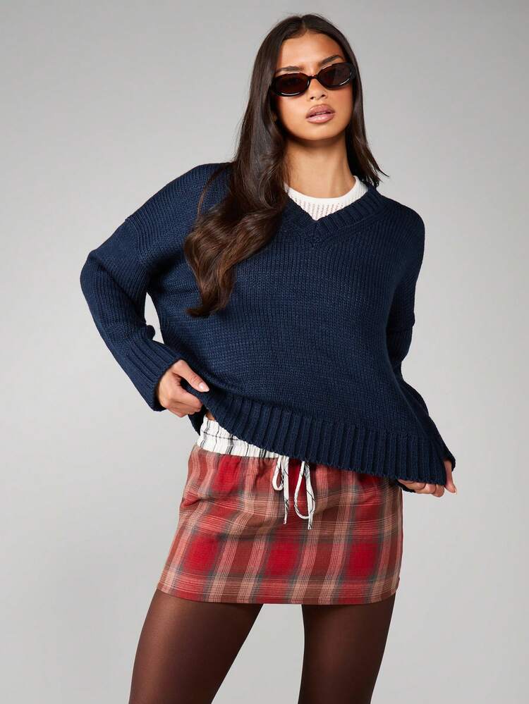 MISSGUIDED Saia Mini Xadrez com Cinto Contrastante e Detalhe de Cordão, Casual, Streetwear, Bottom para Outono e Inverno