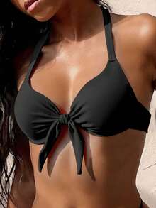 2026 春夏聚拢特殊面料领结吊带黑色聚拢度假女士比基尼泳装上衣 - 黑色 - 查看 6