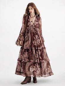 Aveloria Modichic 波西米亚风雪纺飘逸连衣裙，荷叶边装饰，宽松版型，深V领长袖 - 彩色 - 查看 4